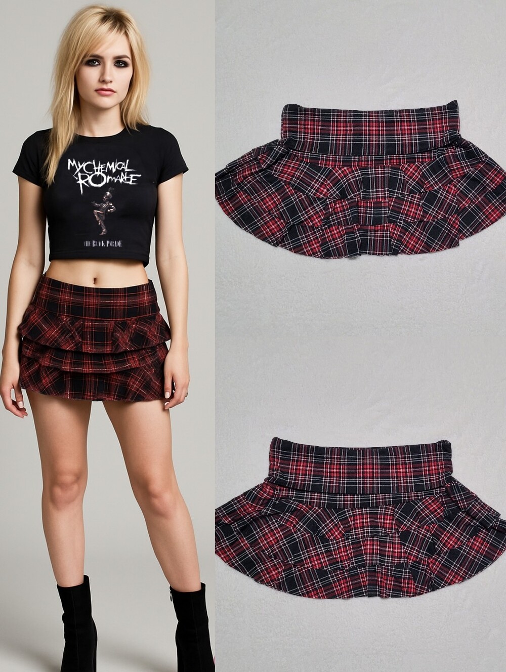 Whimsigoth Rare Vintage 90s Maurices Red Plaid Tiered Ruffle Foldover Mini Skirt